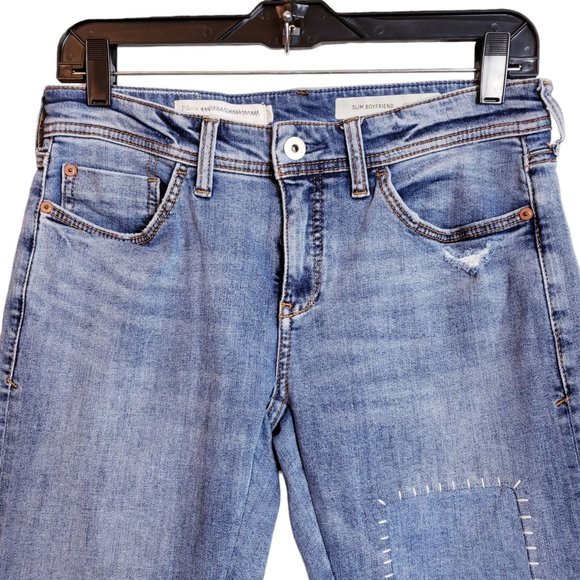 Pilcro & The Letterpress Slim Boyfriend Womens Jeans 26 Blue Patched Medium Rise - Picture 4 of 16